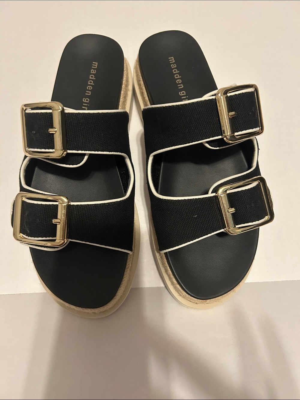 Madden Girl Black Double Buckle Slide Sandals with Gold Hardware
